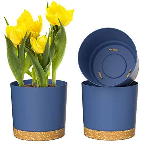 ZMTECH Blumentöpfe, selbstbewässernder Kunststoff-Pflanztopf mit Ablaufloch und Untersetzer, moderner dekorativer Blumentopf für drinnen und draußen, Zimmerpflanzen, Sukkulenten, Blumen, Blau, 3 Stück