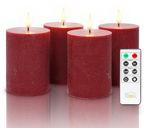 Fanna 4 Bordeauxrote LED Flammenlose Echtwachs Kerzen Rustikale Design, Batterie Adventskerzen mit Timer für Weihnachten, Fernbedienung und Batterien enthalten - H 10cm