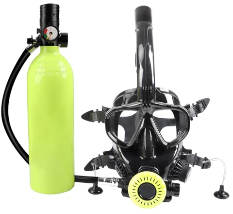 Scuba Tank with Full Face Diving Mask, 1L Portable Mini Scuba Tank Provide 25-30 Minutes Breath, Reusable Snorkeling Dive Bottle Oxygen Cylinder for Underwater Exploration, Diving Practice (Green)