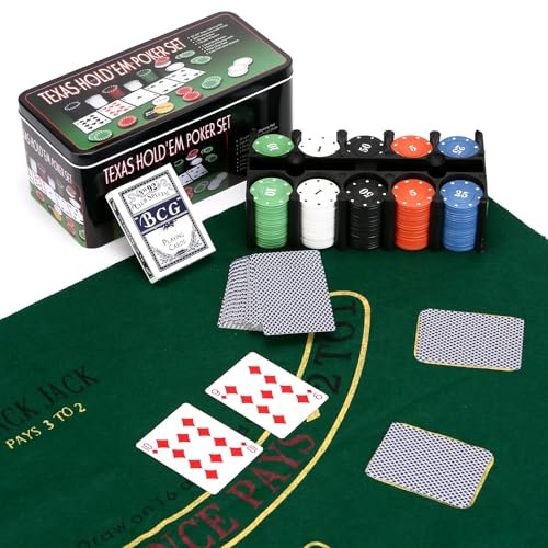 Professional Poker Set with Mat, Casino Texas Hold'em and Blackjack Games - 200 Chips, Cards in Tin Box