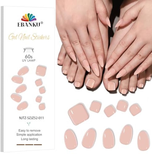 EBANKU Semi Cured Gel Nail Strips - 24 Pcs Nail Stickers & 28 Pcs Pedi Gel Wraps - Easy to Apply & Remove - Long Lasting Salon-Quality Pedicure Nude Pink