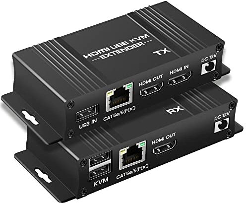 avedio links HDMI KVM USB Extender, 164FT HDMI Usb KVM Extender Kit Over Cat 5e/6/7 Cable, 1080P HDmi ethernet extender Transmitter Receiver with Loop Out- usb Keyboard Mouse, Single POC Power Supply