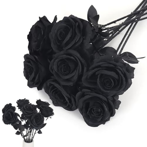 12 Pezzi Rose Artificiali,Fiori di Rose Artificiali,Rose Finte a Stelo Lungo Singolo,Rosa Nero Artificiali,per Matrimoni Home Office Cucina Ufficio Giardino (Rosa nera)