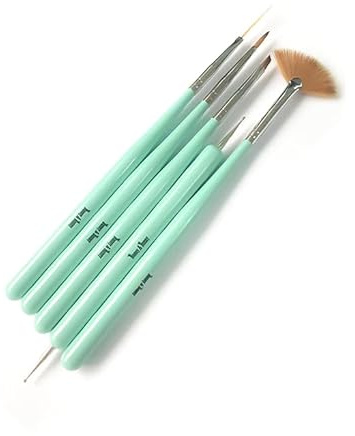 5 Pcs Acrylic Nail Art Brush Set – Dotting Pen, Gel Brush, Detail, Liner & Fan Brush – Professional Nail Painting Tools for Gel, Acrylic & DIY Manicure – Mint Green Handles