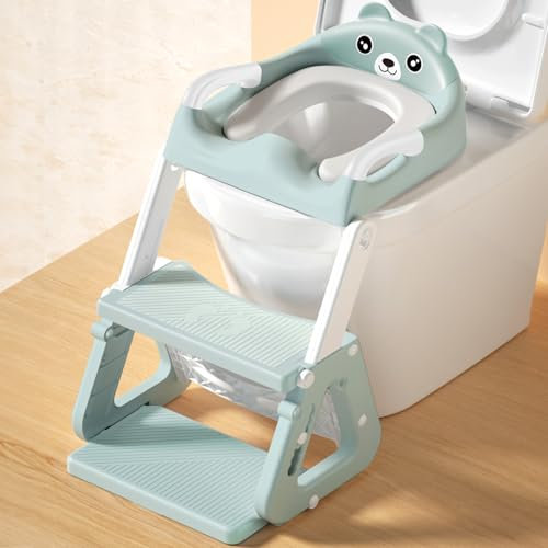 JEDWKFA Riduttore WC Bambini con Scaletta, Riduttore WC Bambini, Scaletta WC per Bambini con PU Cuscino, Regolabile e Pieghevole, Adattatore WC per Bambini per Tazze a V, U, O