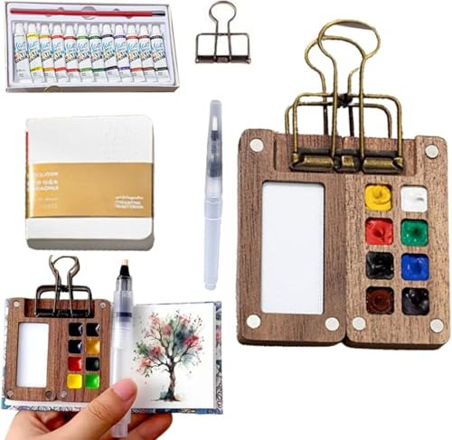 Portable Palette, Mini Travel Paint Set with 8 Grids Mini Wood Palette Box, Pocket Artist Watercolour Palette, Sketchbook Palette Pocket Travel Paint Tray Box with Metal Clip, Watercolor Pen