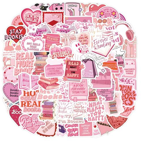 Zoruam Bookish Pink Cartoon Waterproof Reusable Stickers, 120pcs for Kindle, Scrapbook, Water Bottles, Laptops