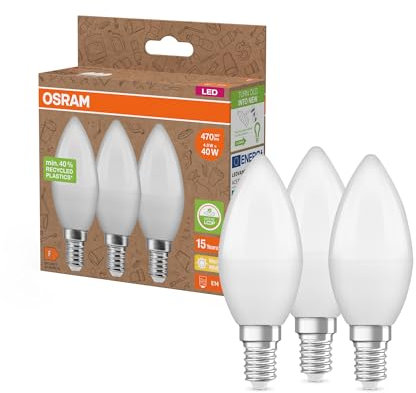 OSRAM NATURE LOOP - besonders nachhaltige LED Lampen aus recyceltem Plastik, Vorteilspack mit 3 Leuchtmittel, ersetzt herkömmliche 40W Glühbirnen,Kerzenform, E14, warmweiß(2700K),umweltschonend