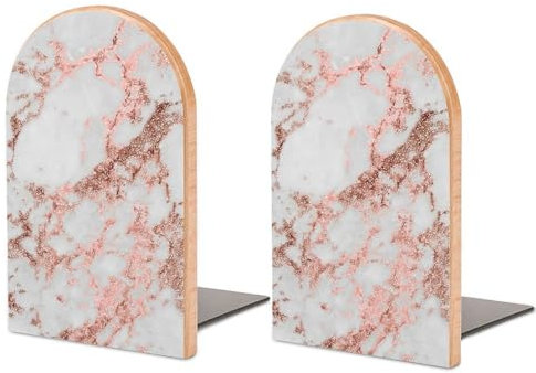 One Pair Book Ends for Shelves, Rose Gold Marble Bookends for Office And School
