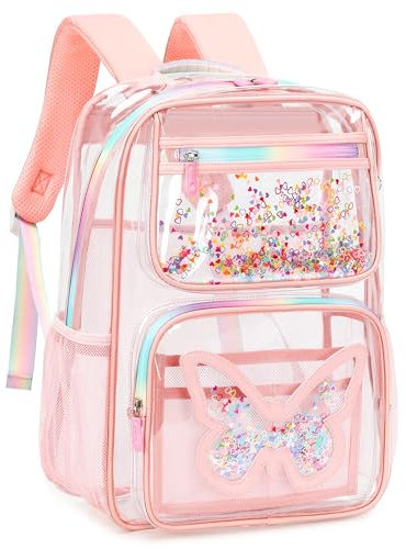 KIDNUO Clear Backpack for School,Large Bookbag Heavy Duty See Through Butterfly Backpacks for Girls Stadium Approved Bags, Pink, L