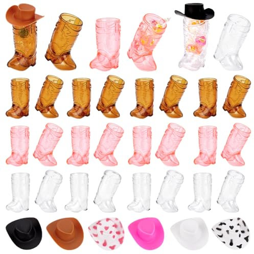 AHANDMAKER 30Pcs Plastic Mini Cowboy Boot Shot Glass Cups Cowgirl Party Supplies, 30Pcs Mini Western Cowboy Cowgirl Hats, Miniature Hat Funny Cowboy Boot Mugs for Bachelorette Party