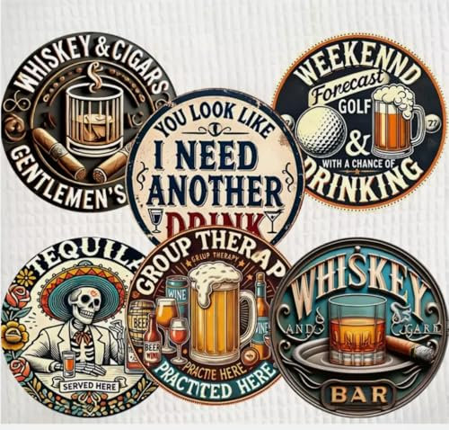 Vintage Bar Untersetzer Set, 6 Stück, Whiskey & Bier Design, Rund, Holz