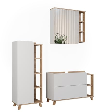 Vicco Badmöbel-Set Karen, Sonoma/Weiß, 100 cm | besteht aus Waschbeckenunterschrank, Spiegelschrank und Midischrank