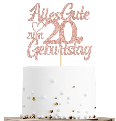 Sumerk Tortenaufsatz zum 20. Geburtstag in Roségold mit Glitzer, Doppelseitige Glitzer Tortendekoration zum 20. Geburtstag – 1 Stück