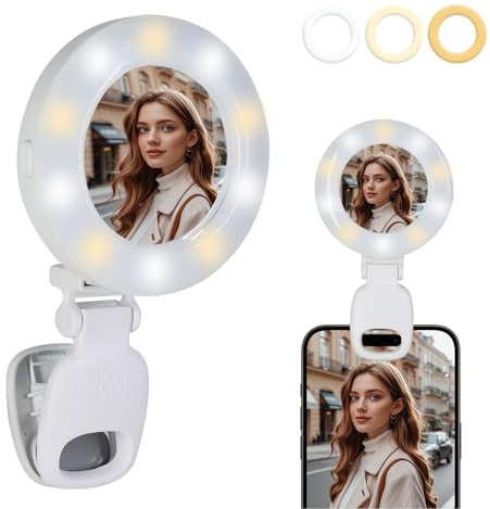 ENUOLI Cell Phone Selfie Lights, Portable Fill Light with 3 Colors, Clip-on Ring Light with Convex Mirror Rechargeable Battery Design, Pocket Size for Mobile, Video Calls, Streaming, Makeup