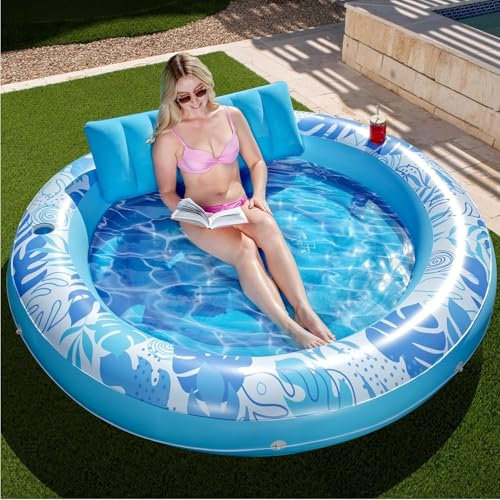 Tumbona inflable de 72 x 65 pulgadas, flotadores de piscina de tela de lujo con almohada para adultos