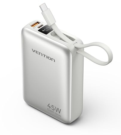 VENTION 45W 20000mAh Mini Power Bank with Built-in USB-C Cable, PD/PPS Fast Charging Portable Charger, Mobile Phone Battery Pack with LED Digital Display for iPhone 17/16/15 Galaxy S25/S24 iPad(Beige)