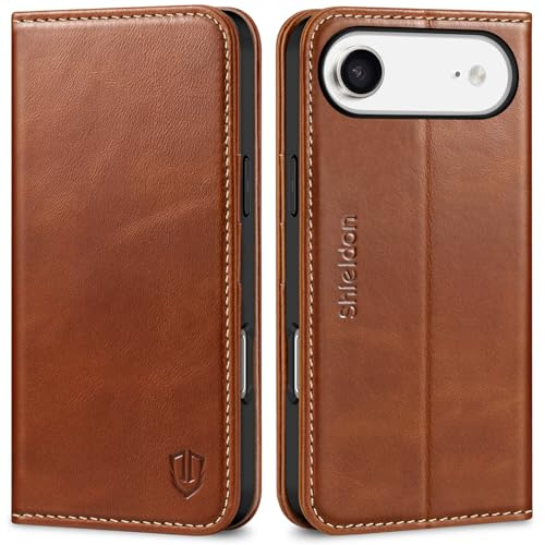 SHIELDON Echtleder Hülle für iPhone Air 6,5 5G 2025, Retro Braun | Handyhülle, Kartenfach, Ständer, Magnetverschluss, RFID Blocker, Handy-Ösen, Stoßfest Case, Lederhülle, TPU Schutzhülle