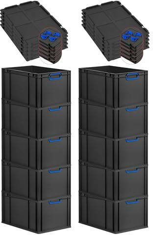 PROREGAL SparSet 10x Eurobox NextGen Color mit Auflagedeckel & Schiebeschnappverschlüsse, HxBxT 32x40x60cm, 65L, Schwarz, Griffe blau geschlossen,Eurobehälter, Transportbox, Transportbehälter