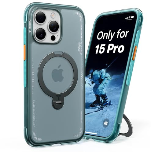 TORRAS Ostand Q3 Air für iPhone 15 Pro Hülle mit echtem Airbags Doppelter Schutz (360° Magnetischer Robust Ständer) Matt Handyhülle mit Kamerasteuerung Taste Gletscher Blau