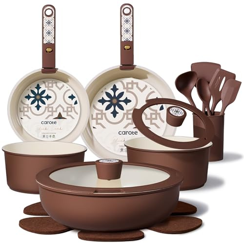 CAROTE 21Pcs Ceramic Cookware Set, Pots and Pans Set Non stick, Non Toxic Cookware Detachable Handle, Kitchen Cooking Set - Induction Cookware, Dishwasher/Oven Safe, PFAS Free, Chocolate