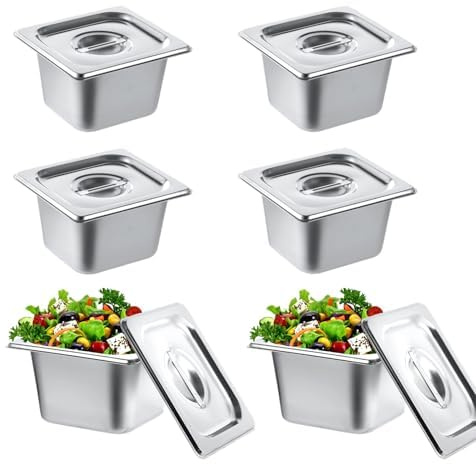 Varku 6 Stück Hotelpfannen aus Edelstahl, 1/6 Größe 10 cm tiefe Pfannen mit Deckel, Catering-Pfannen mit Abdeckung, Dampftischpfannen, stapelbare Frischhaltebehälter (Silver, 6 Stück)