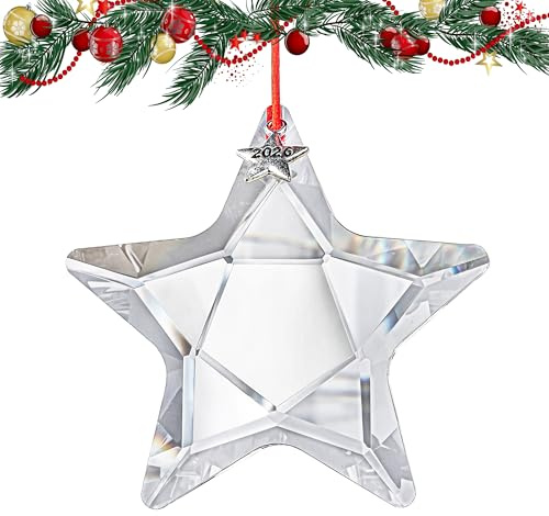 2026 Clear Crystal Glass Star Prism Suncatcher Window Hanging Ornament | Crystal Glass Star Prism Suncatcher 2026 Keepsake Hanging Ornament for Christmas Tree Window Garden Car Home Party Decor Gift