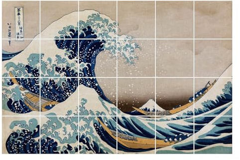 Adesivi per Piastrelle Vinile 15x15 cm Set 24 Stickers Murali Cucina Bagno Decorazioni Autoadesive Impermeabili Facili da Pulire Rimovibili – La grande onda di Kanagawa