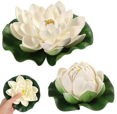 TOYANDONA 6pcs White Artificial Floating Lotus Flowers 7 Inch Lily Pads 2 Large(18cm) + 4 Small(10cm) Water Lily Pads Floating Pond Plants for Pond Pool Home Aquarium Garden Wedding Decor