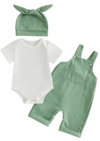 Haomibacu Infant Baby Boys 3Pcs Outfits Romper Waffle Dungarees Hat | 0-18M Infant baby boys summer clothing solid color short sleeve romper waffle overalls short pants with a beanie hat