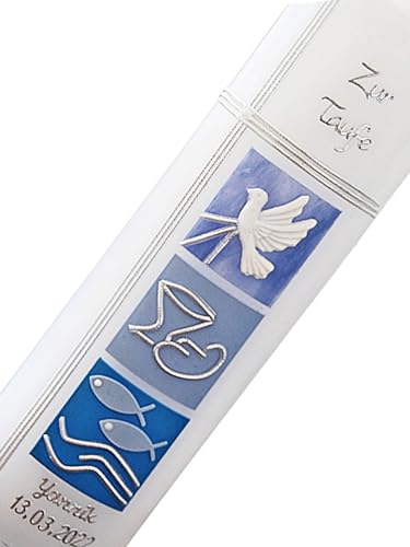 Taufkerze | Kommunionkerze | Konfirmationkerze für Jungen | mit Name und Datum beschriftet | Wacgsmotiv