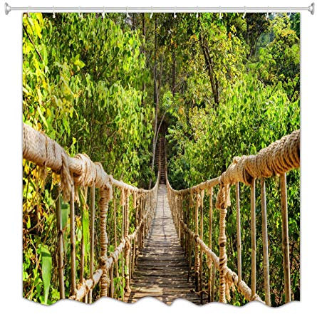 A.Monamour Duschvorhänge Seil Hängebrücke Steg Im Grünen Wald Bäume Natur Landschaft Drucken Wasserdicht Mehltau Resistenten Polyester Stoff Dicken Duschvorhang, Kein Innenfutter Benötigt 180X180 cm