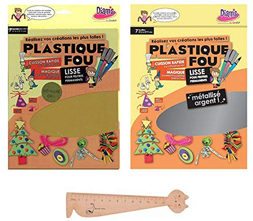 Lot de 2 pochettes de Plastique Fou Diam's : Lisse Métalisé Or + Lisse Métalisé Argent + 1 Règle Marque-page en Bois Blumie