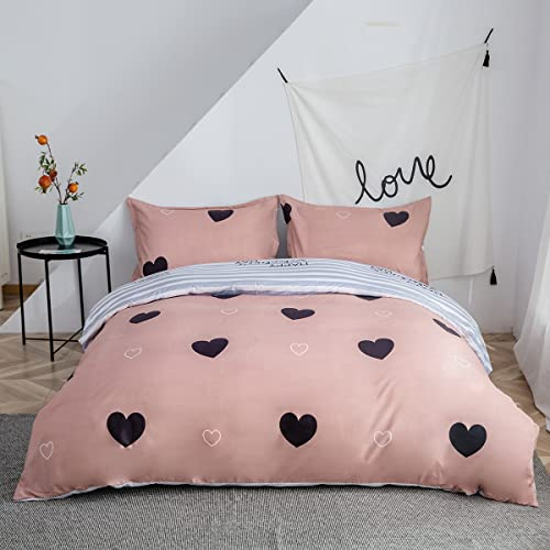 Morbuy Bettwäsche 135x200 3teilig, Mädchen Rosa Herzen Muster Bettwäsche-Sets Mikrofaser Bettbezug mit 2 Kissenbezug Kawaii Kinder Bettwäsche mit Reißverschluss (135x200 cm, Herz)