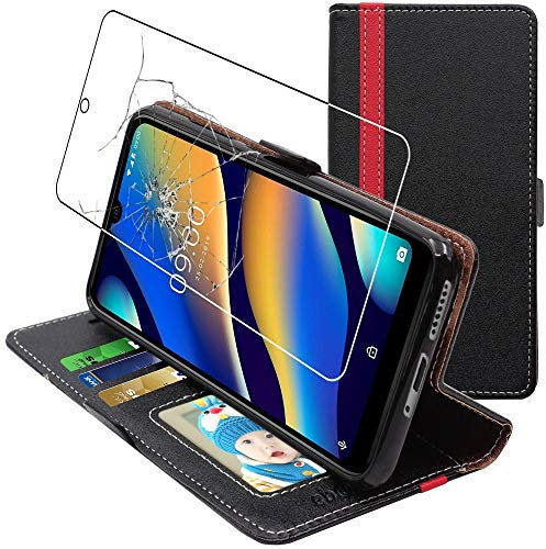 ebestStar - Coque pour Wiko View3 Lite (2019), Etui Portefeuille Protection, Housse Pochette PU Cuir Porte Carte, Noir/Rouge + Verre Trempé