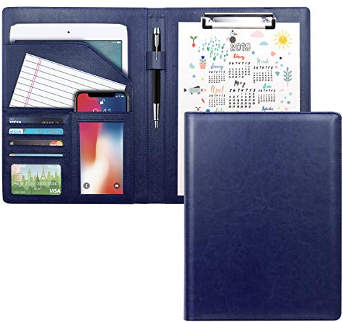 WAVEYU Padfolio Clipboard Folder Portfolio, Faux Leather Storage Clipboard with Cover for Letter Size A4 Writing Pad Pen Holderfor Business Office Conference Notepad Clip Boards, Blue