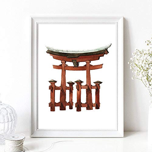 Kunstdruck Din A4 - Torii Tor - Japan Schrein Architektur Shintō Tempel Asien Aquarell Druck Poster Bild - ohne Rahmen