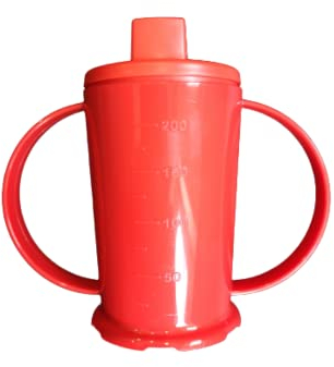 NuHorizons Healthcare Products Red Two Handled Graduated Beaker with Lid - 200ml Adult Feeder Cup - Drinking Aids (Wide Spout, Pack of 1)