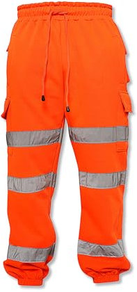 Juicy Trendz Men’s Hi Vis Work Trousers, Reflective Safety Joggers with Pockets, Fleece High Visibility Pants for Construction & Workwear, Orange