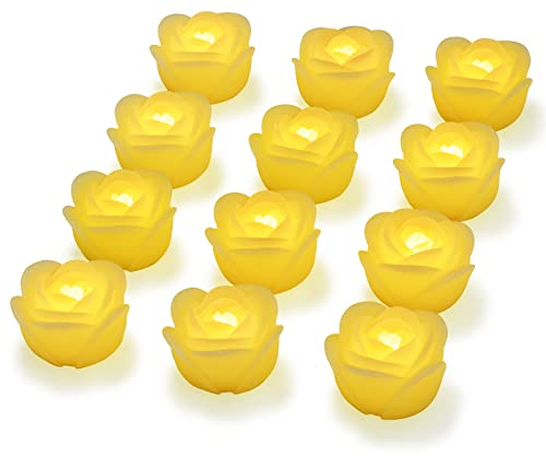 Floating Candle Flicker Wax LED Floating Candles Flameless Batteries Power Tea Lights Water Activated for Wedding Home Party Centerpiece Vases Bath Outdoor Pool Pond Decor (12 Pack, Yellow-Rose)