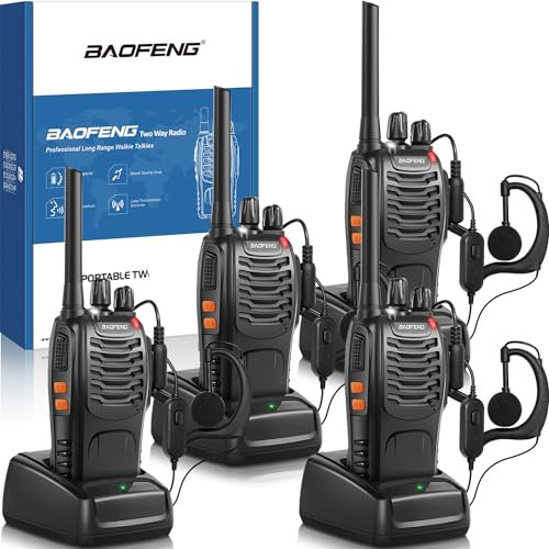 Walkie Talkies Profesionales de Largo Alcance para Adultos con Baterías Recargables, Radio de Dos Vías de 16 Canales con Cargador USB y Auriculares con Función VOX (Negro, 4 Piezas)