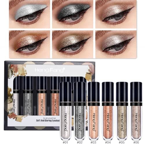 6 Farben Flüssiges Lidschatten-Set, Metallic-Diamant-Schimmer-Glitzer-Lidschatten, Glänzende pigmentierte, langlebige, wasserdichte, funkelnde Lidschatten-Augen-Make-up-Kits (A)