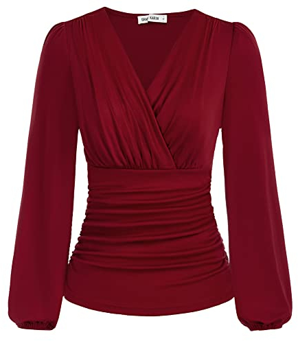 Ladies Tops for Women UK Autumn Winter Elegant V Neck Long Sleeve Loose Tee Blouse Wine M