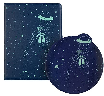 WONDEE la Volatil Pack Funda Tablet Universal de 10,2 a 10,4 Pulgadas - Tipo Libro con Diseño de Ovni + Alfombrilla de ratón