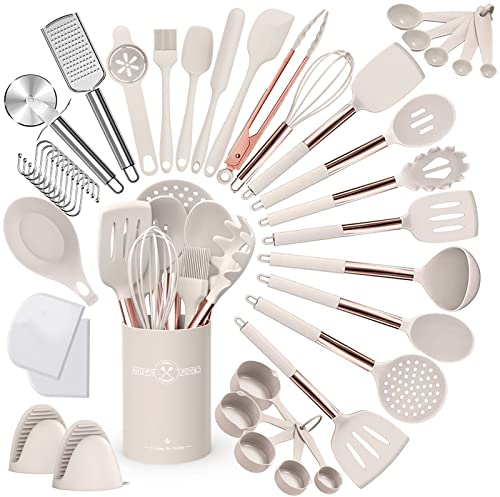 Umite Chef Silicone Kitchen Cooking Utensil Set, 43 pcs Spatula Utensils Set with Rose Gold Stainless Steel Handle, Non-stick Heat Resistant - Best Cookware Set-(Khaki)