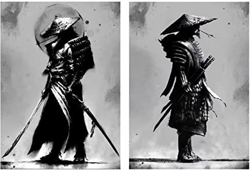 IUNTWEIE Japan Samurai Porträt Bilder Bushido Japanische Krieger Leinwandbilder Wandkunst Schwarzweiss Poster für Wohnzimmer Schlafzimmer Dekor ohne Rahmen (2x30x40cm)