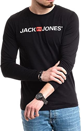 JACK & JONES Herren Langarmshirt aus Baumwolle – Longsleeve Männer – T-Shirt mit Langen Ärmeln aus Baumwolle - einzeln und Multipack (Black Opt2 Corp - L)