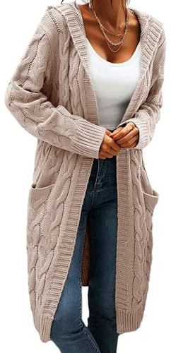 GeGekoko Women Hooded Open Front Cardigan Cable Knit Sweaters Solid Color Chunky Long Sweater Coats Beige