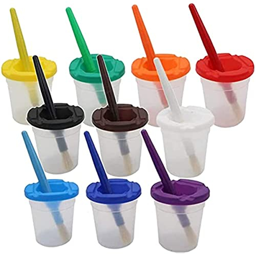 10 pièces anti-déversement tasses de peinture et pinceaux ensemble Pot de peinture avec couvercles en plastique Non-renversé eau tasse mélange Pot de peinture enfants école peinture équipement