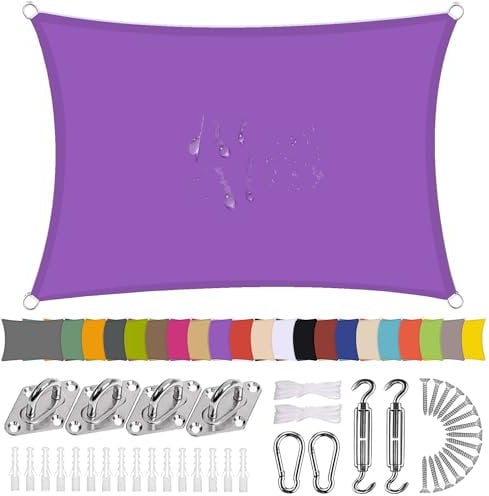 Ziligengsheng Sonnensegel Rechteck 1 x 2m Wasserdicht Sonnenschutz Balkon Terrasse mit Montagezubehör PES Polyester 98% UV-Schutz Reißfest Wetterfest für Garten Outdoor,Violett